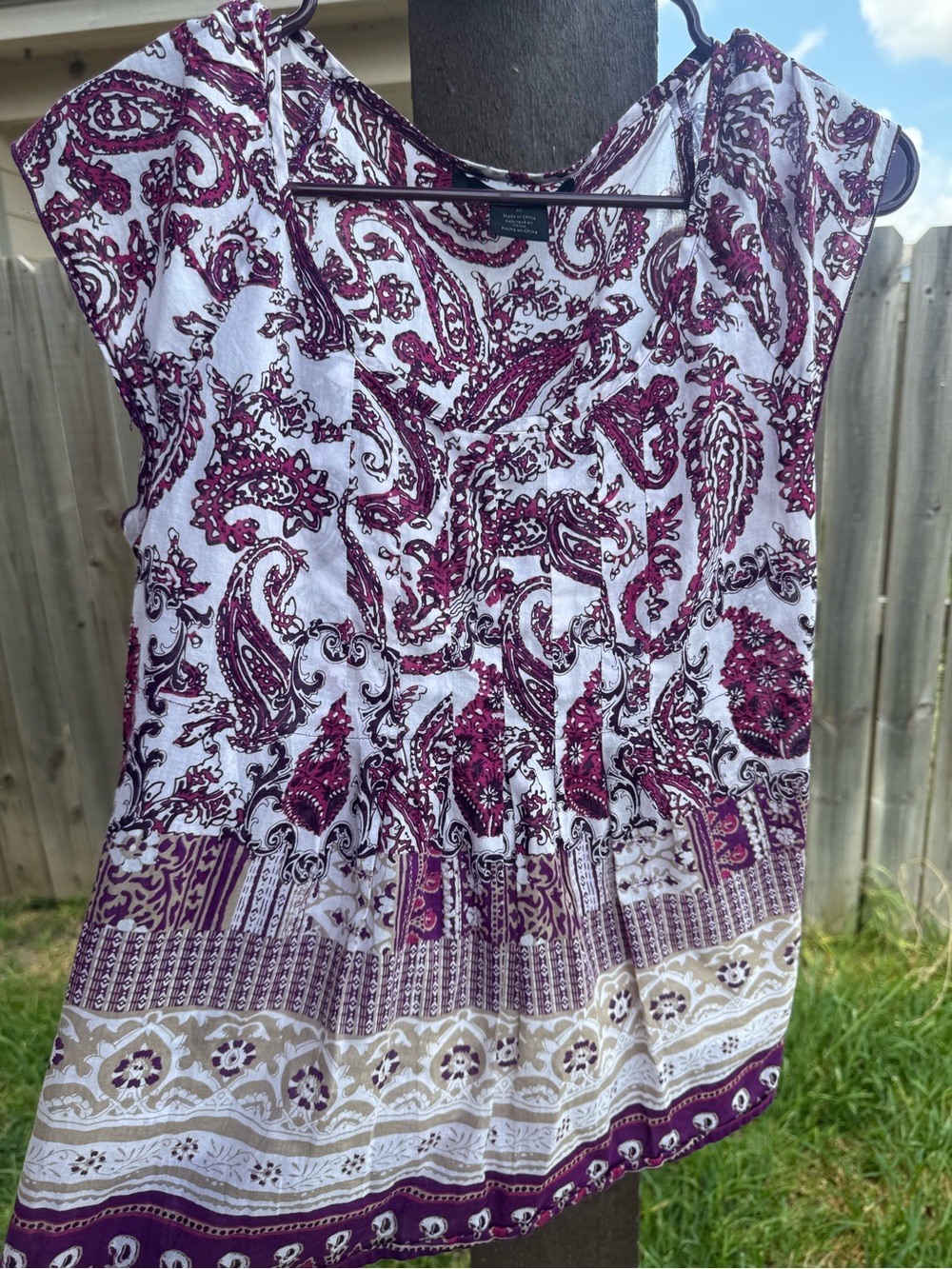 Calvin Klein 100% cotton White Tunic with Purple Paisley and Tan Border